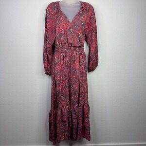 Boemo Maxi Dress Women MP Red Paisley Tiered Boho Cottagecore Prairie Festival